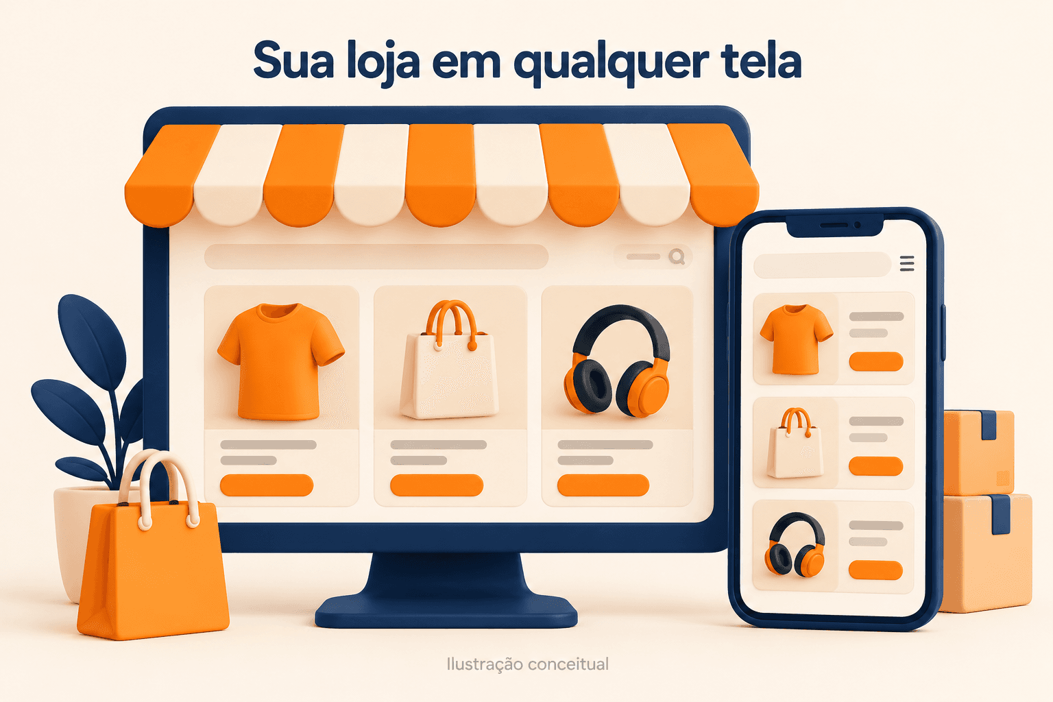 Ilustração conceitual de uma loja online no computador e no celular